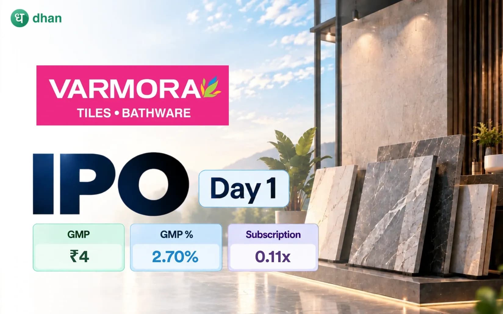 Varmora Granito IPO GMP Day 1: GMP ₹4 (2.70%) & 0.11x subscribed